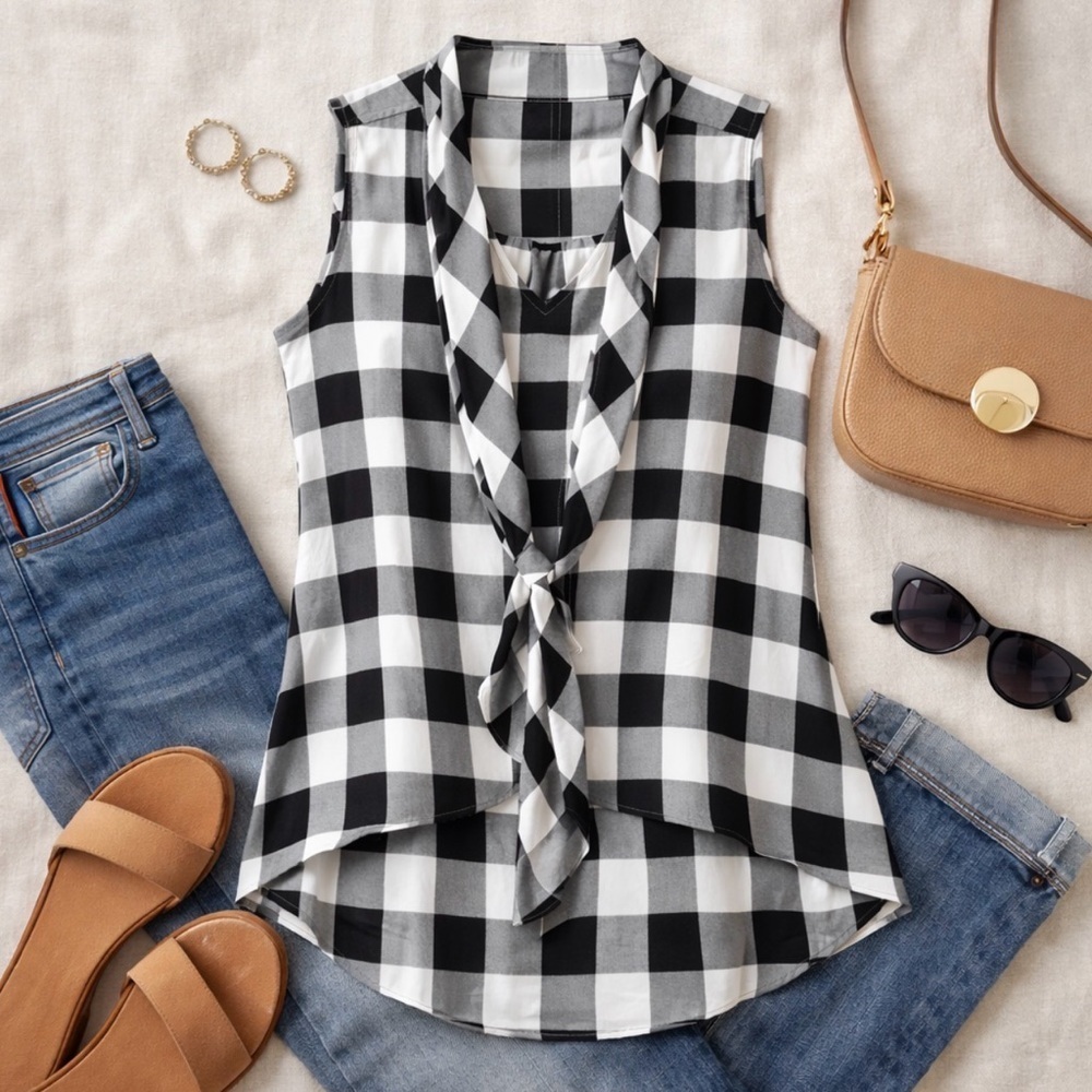 NWOT Alfani Womens Black White Gray Check Tie Bow Sleeveless Blouse 2P 2 Petite